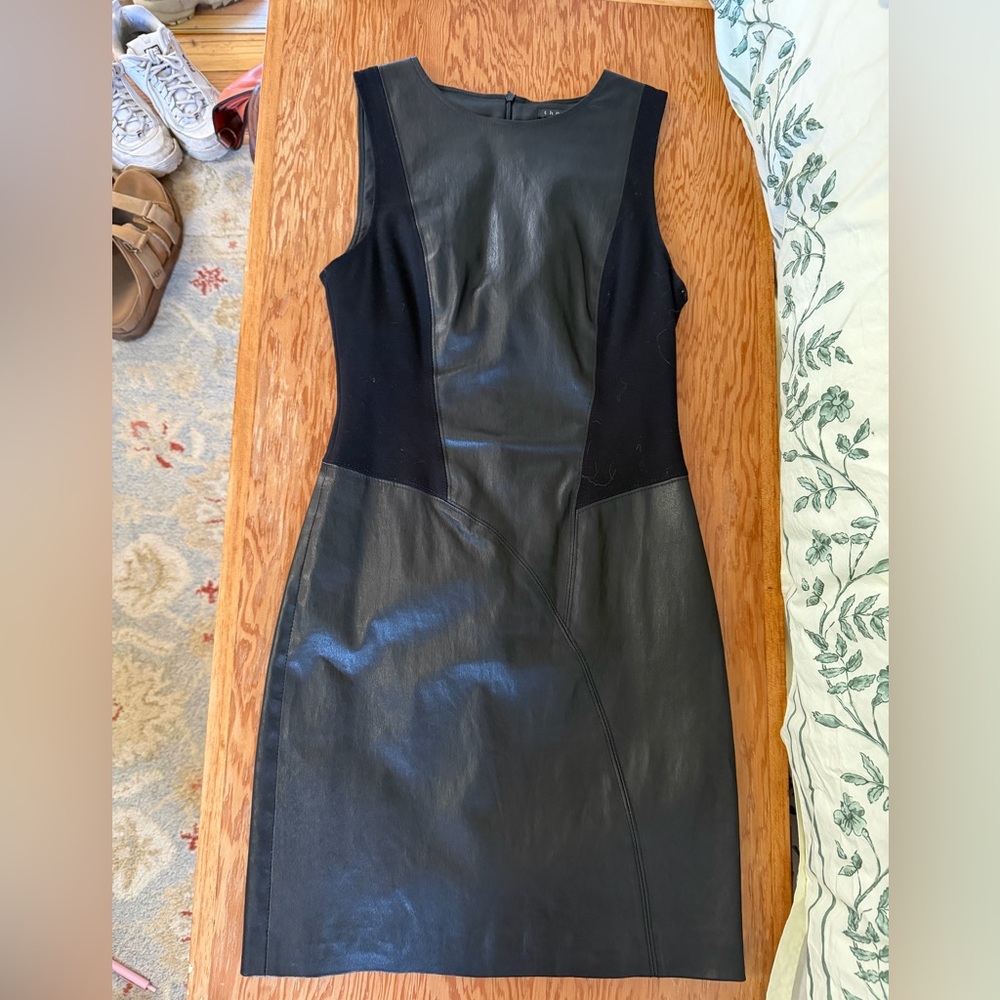 Theory Black Faux Leather & Stretch Sleeveless Midi Dress